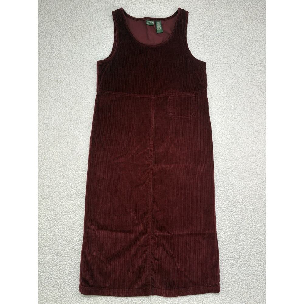 Vintage LL Bean Corduroy Jumper Dress Size 8 Petite Overall Maroon Burgundy Midi